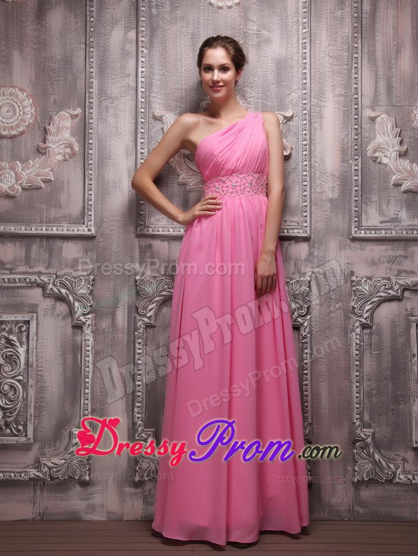 New Arrival Empire One Shoulder Ruched Rose Pink Prom Dress