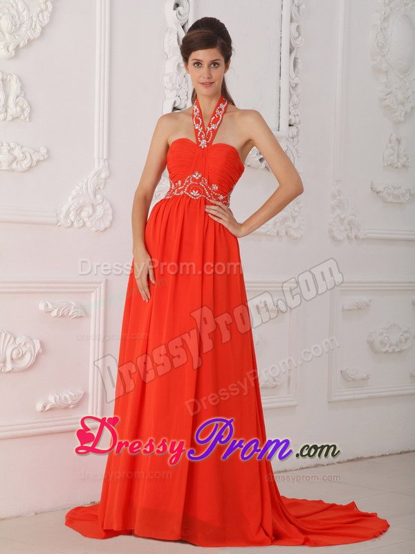 Charming Rust Red Halter Beaded Ruched Prom Dress 2014
