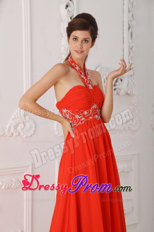 Charming Rust Red Halter Beaded Ruched Prom Dress 2014