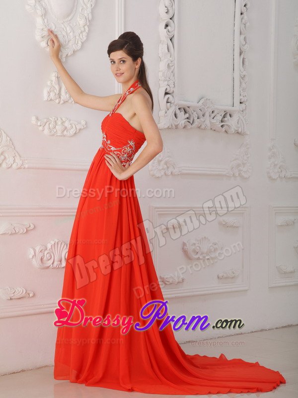 Charming Rust Red Halter Beaded Ruched Prom Dress 2014