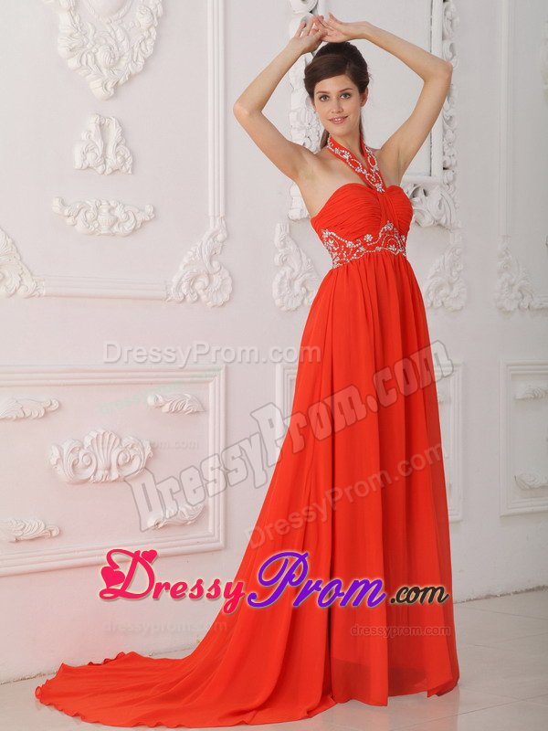 Charming Rust Red Halter Beaded Ruched Prom Dress 2014