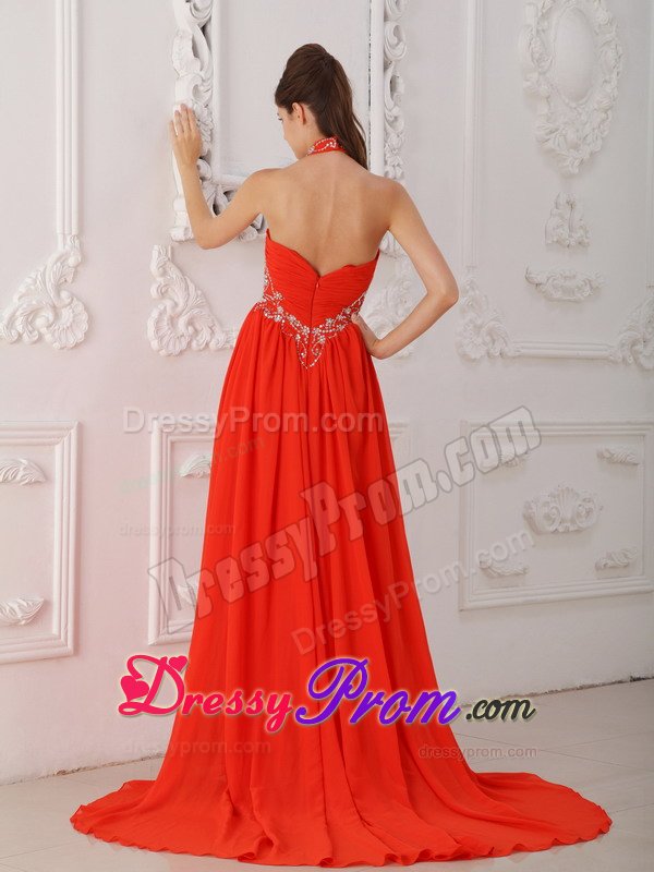 Charming Rust Red Halter Beaded Ruched Prom Dress 2014