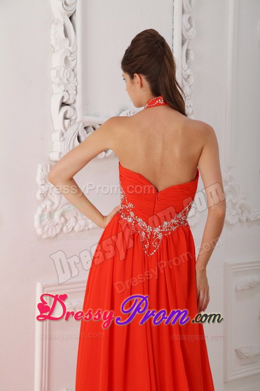 Charming Rust Red Halter Beaded Ruched Prom Dress 2014