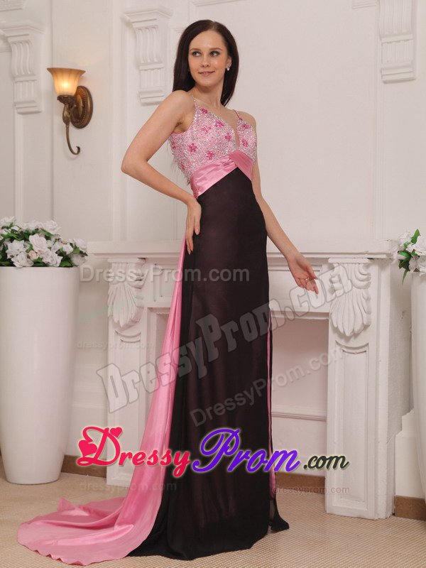 Popular Straps Brush Train Beaded Prom Dress Pink and Black