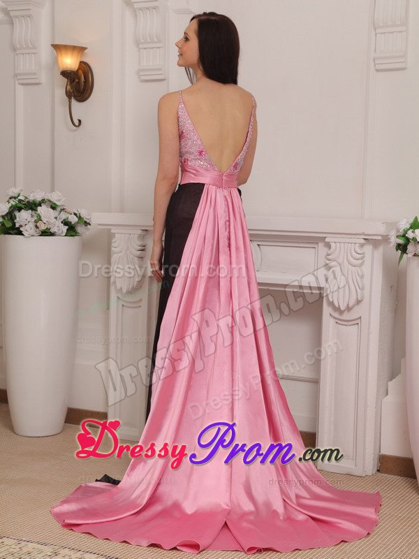 Popular Straps Brush Train Beaded Prom Dress Pink and Black