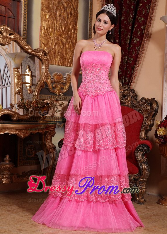 Cheap Empire Ruffled Layers Appliqued Pink Prom Dresses