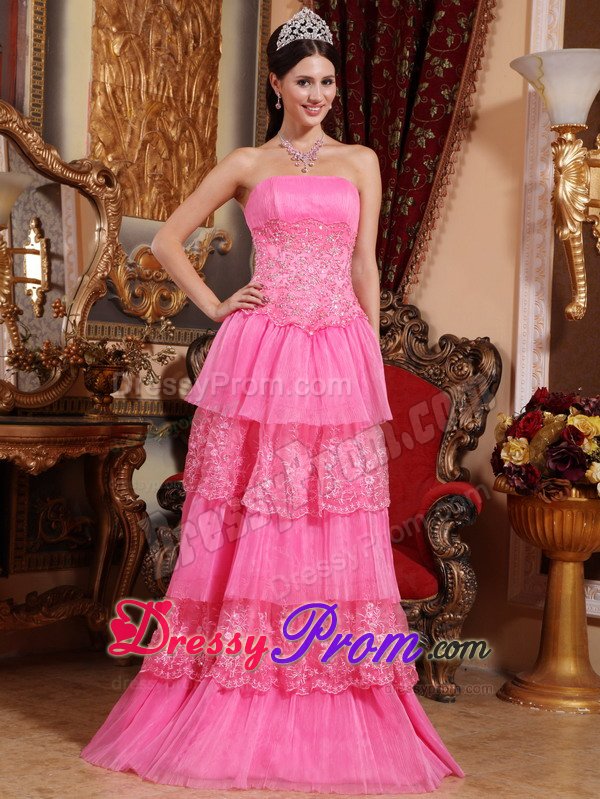 Cheap Empire Ruffled Layers Appliqued Pink Prom Dresses