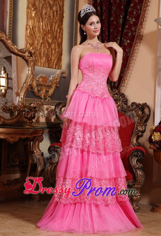Cheap Empire Ruffled Layers Appliqued Pink Prom Dresses