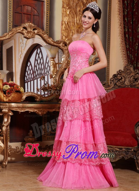 Cheap Empire Ruffled Layers Appliqued Pink Prom Dresses