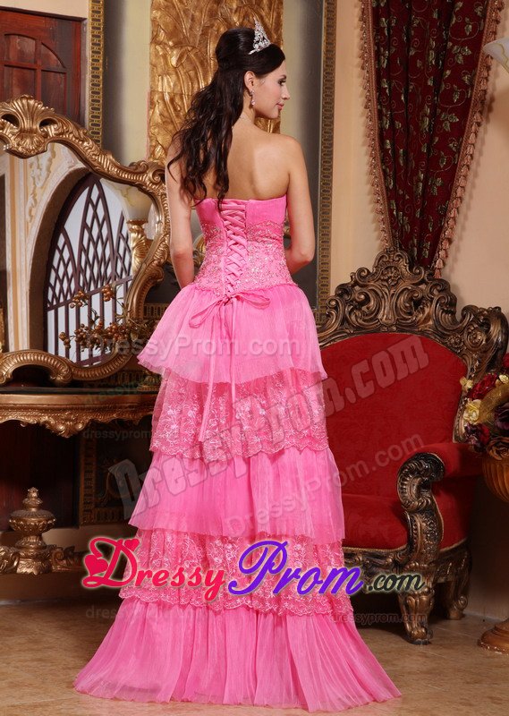 Cheap Empire Ruffled Layers Appliqued Pink Prom Dresses