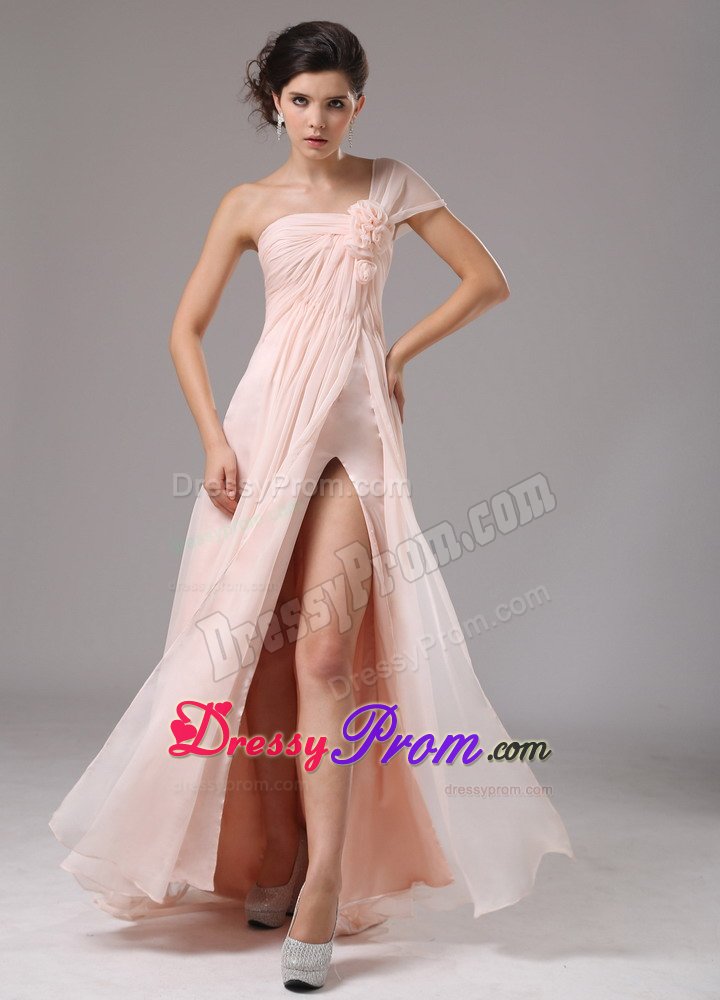 Wholesale Light Pink One Shoulder Flowers Slitted Prom Dress