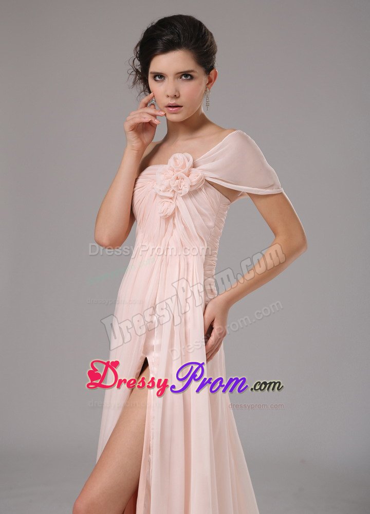 Wholesale Light Pink One Shoulder Flowers Slitted Prom Dress