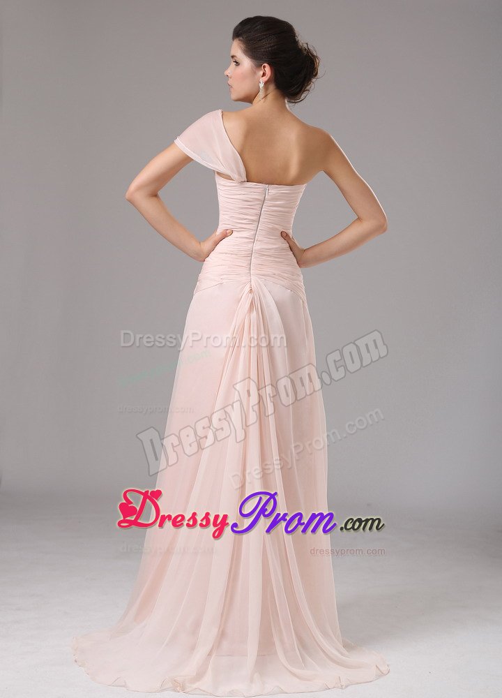 Wholesale Light Pink One Shoulder Flowers Slitted Prom Dress
