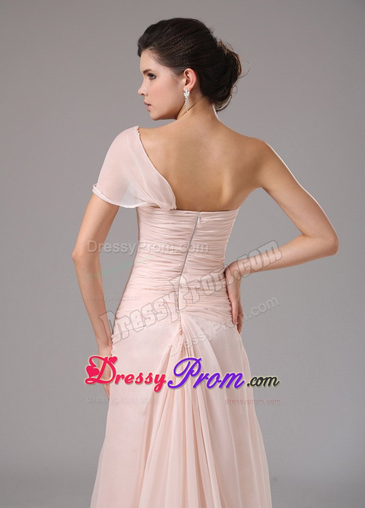 Wholesale Light Pink One Shoulder Flowers Slitted Prom Dress