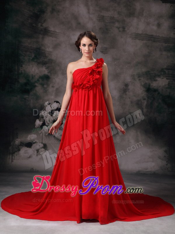Cheap One Shoulder Court Train Flowers Red Prom formal Dress