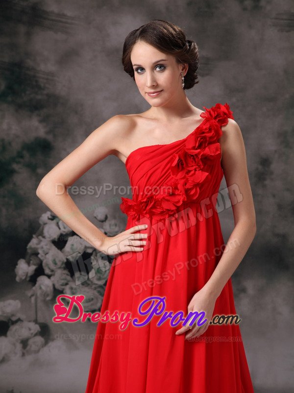 Cheap One Shoulder Court Train Flowers Red Prom formal Dress