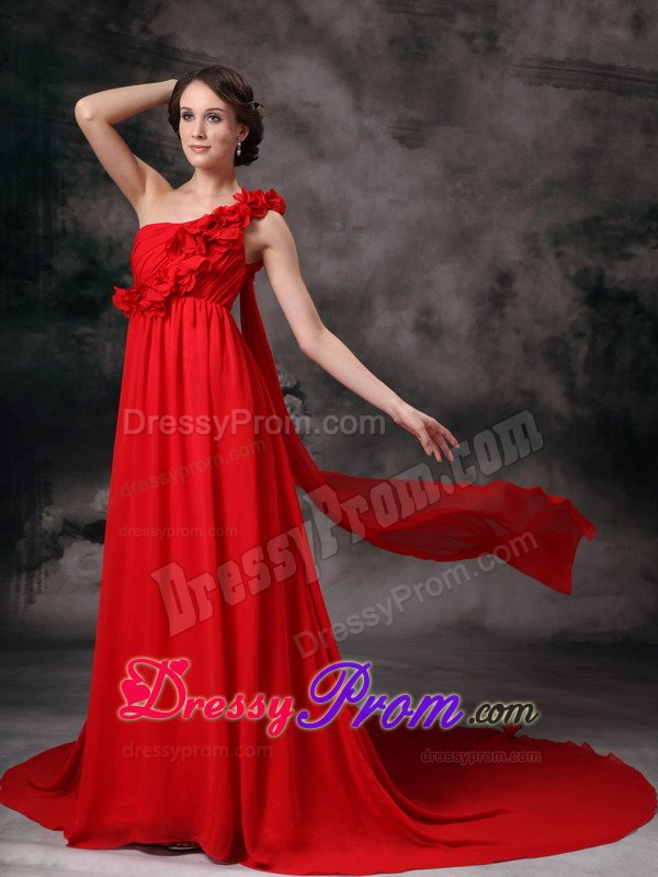 Cheap One Shoulder Court Train Flowers Red Prom formal Dress