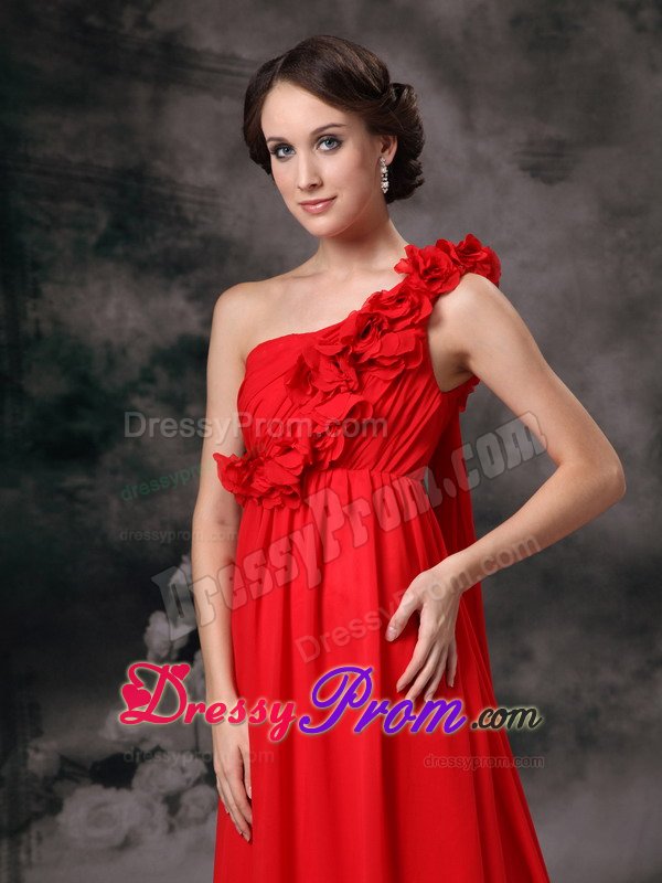 Cheap One Shoulder Court Train Flowers Red Prom formal Dress