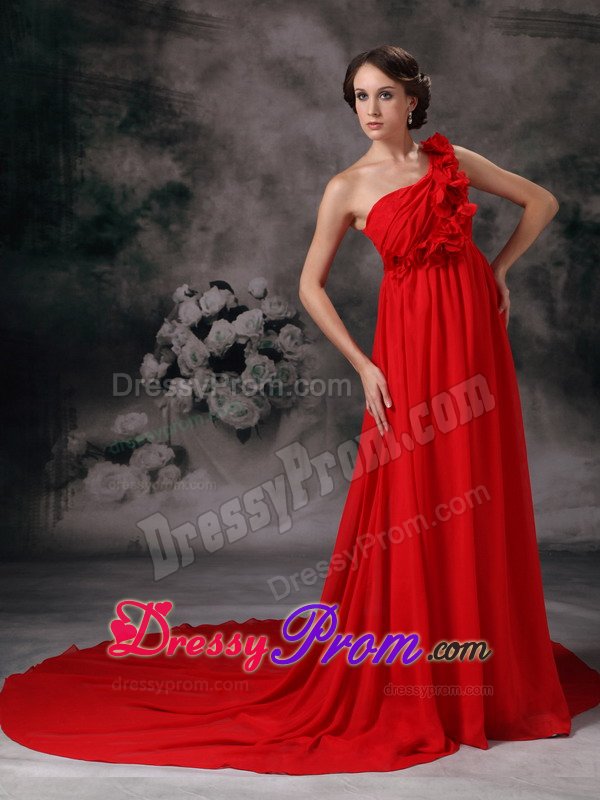 Cheap One Shoulder Court Train Flowers Red Prom formal Dress