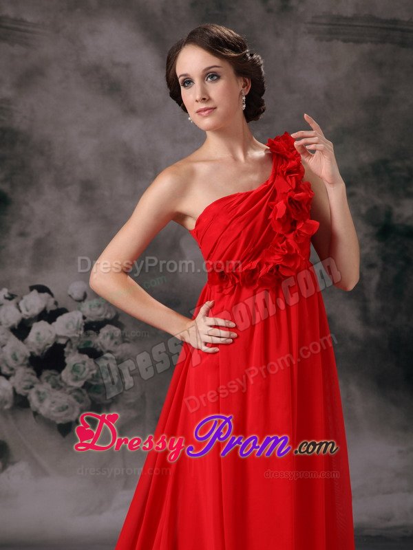 Cheap One Shoulder Court Train Flowers Red Prom formal Dress