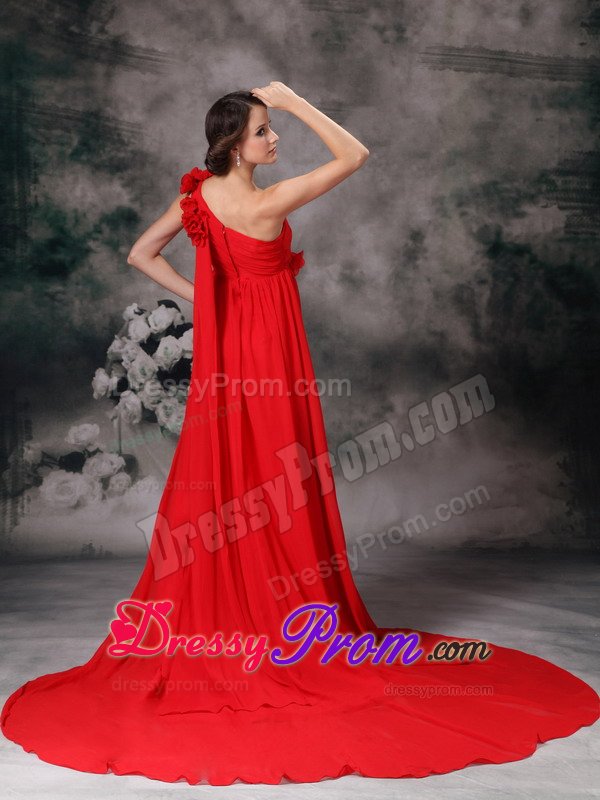 Cheap One Shoulder Court Train Flowers Red Prom formal Dress