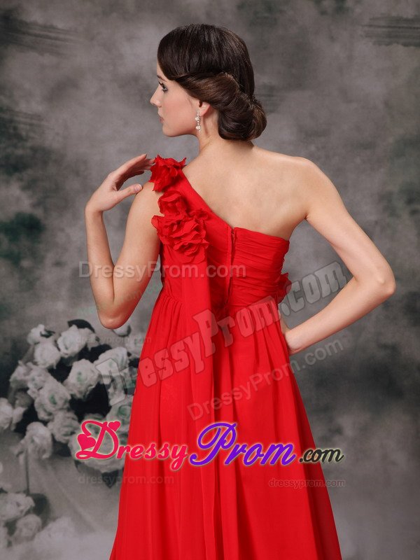 Cheap One Shoulder Court Train Flowers Red Prom formal Dress