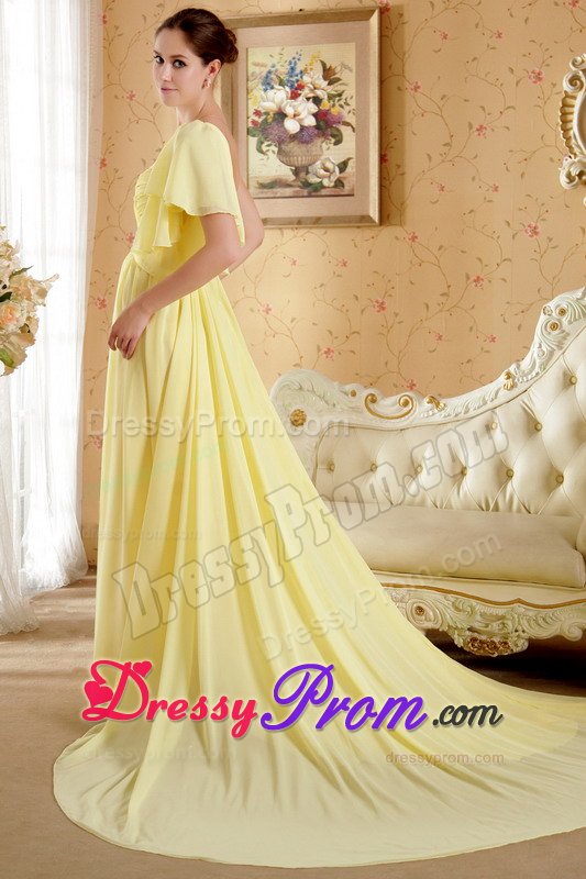 Wholesale One Shoulder Beaded Yellow Long Prom Dresses