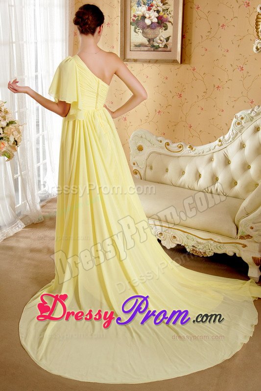 Wholesale One Shoulder Beaded Yellow Long Prom Dresses