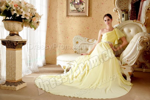 Wholesale One Shoulder Beaded Yellow Long Prom Dresses