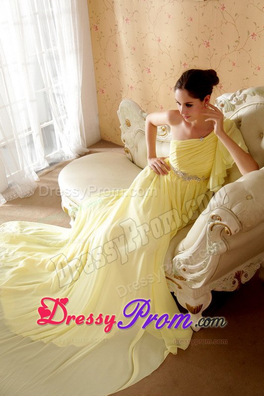 Wholesale One Shoulder Beaded Yellow Long Prom Dresses