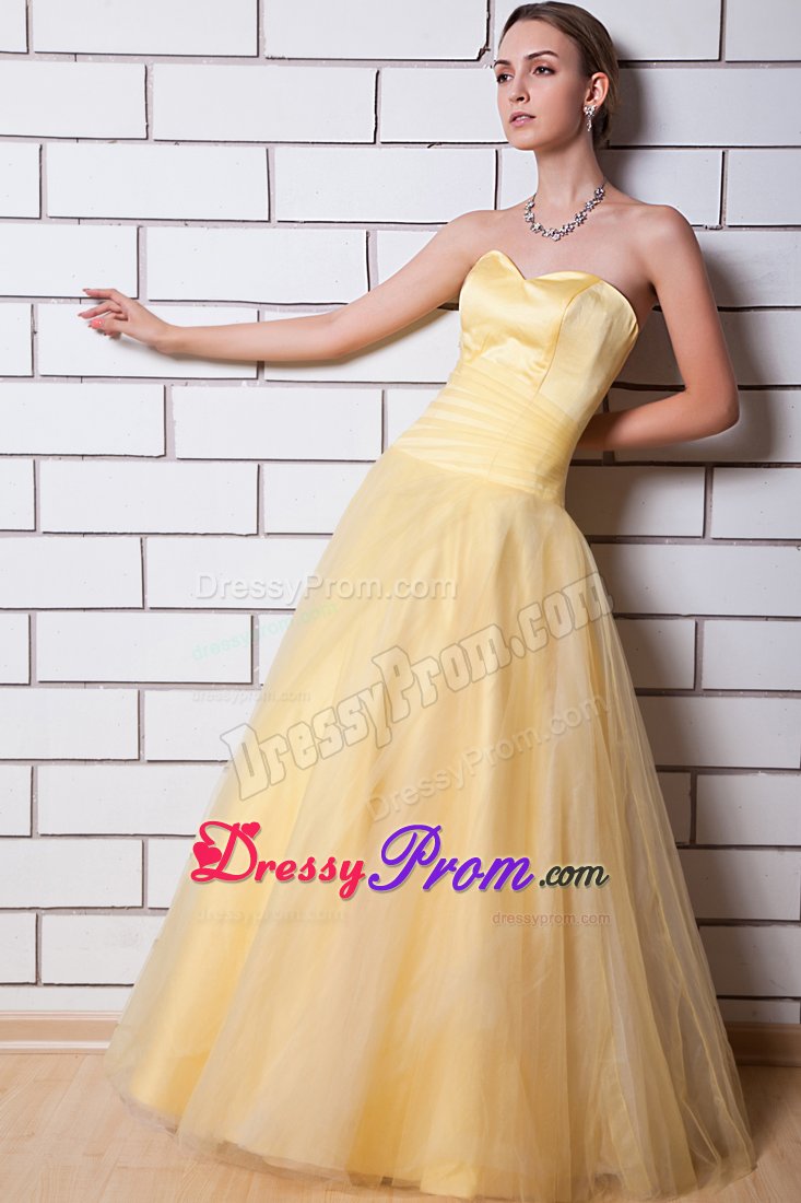Simple A-line Tulle Taffeta Light Yellow Ruched Dress for Prom