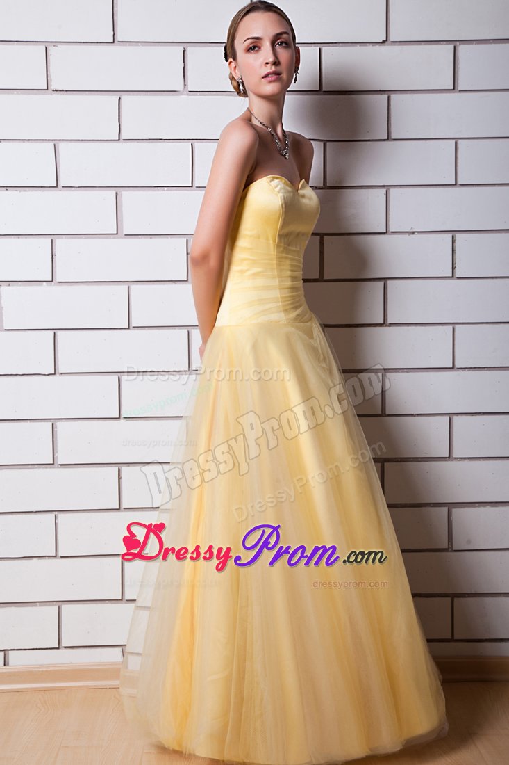 Simple A-line Tulle Taffeta Light Yellow Ruched Dress for Prom