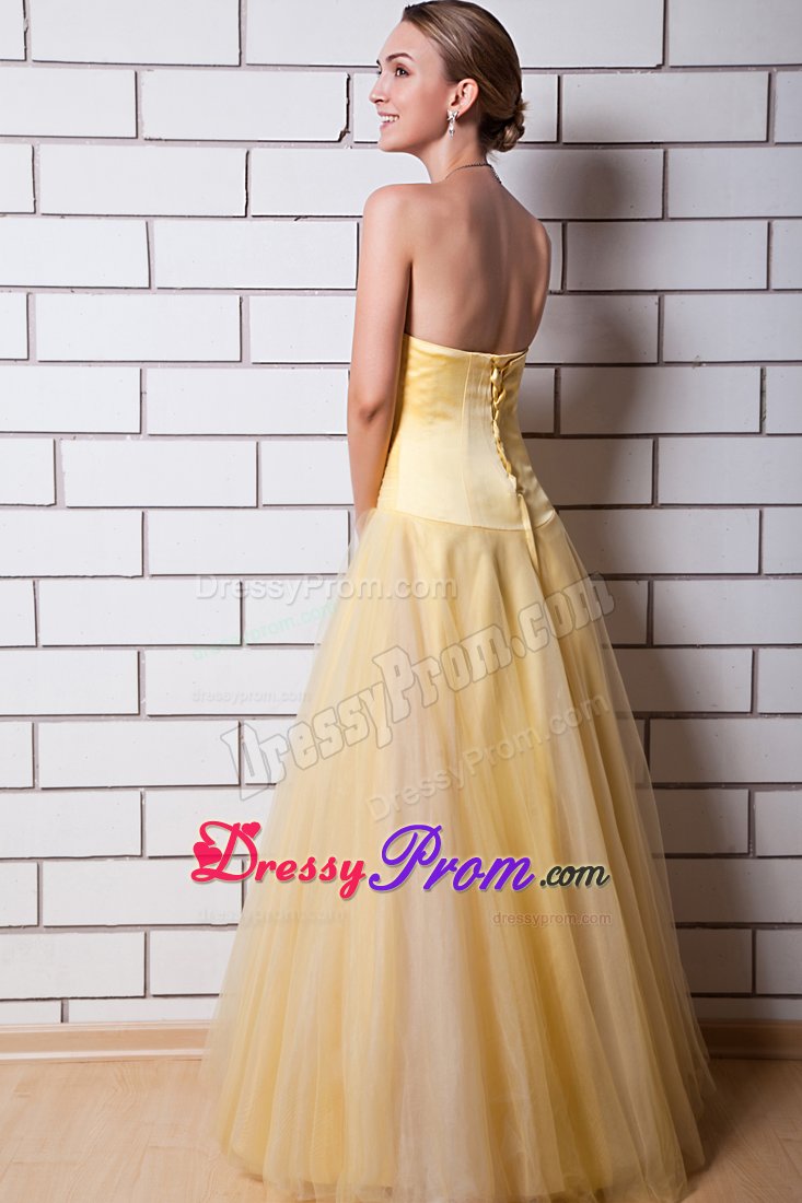 Simple A-line Tulle Taffeta Light Yellow Ruched Dress for Prom