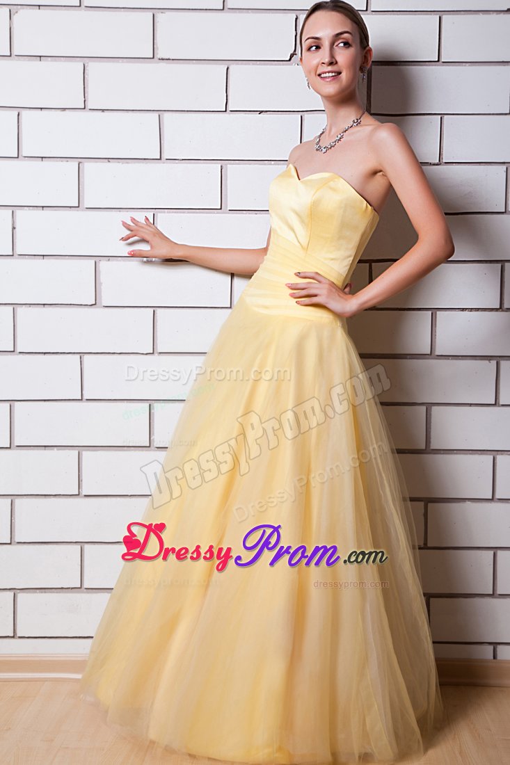 Simple A-line Tulle Taffeta Light Yellow Ruched Dress for Prom