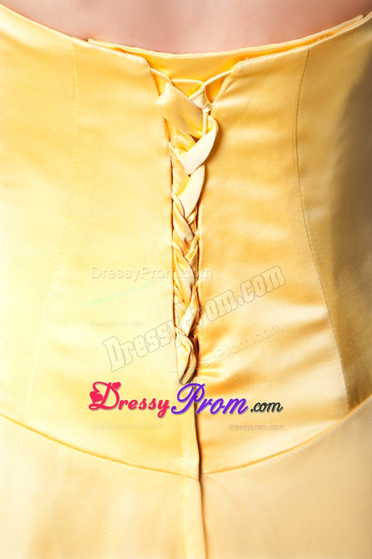 Simple A-line Tulle Taffeta Light Yellow Ruched Dress for Prom