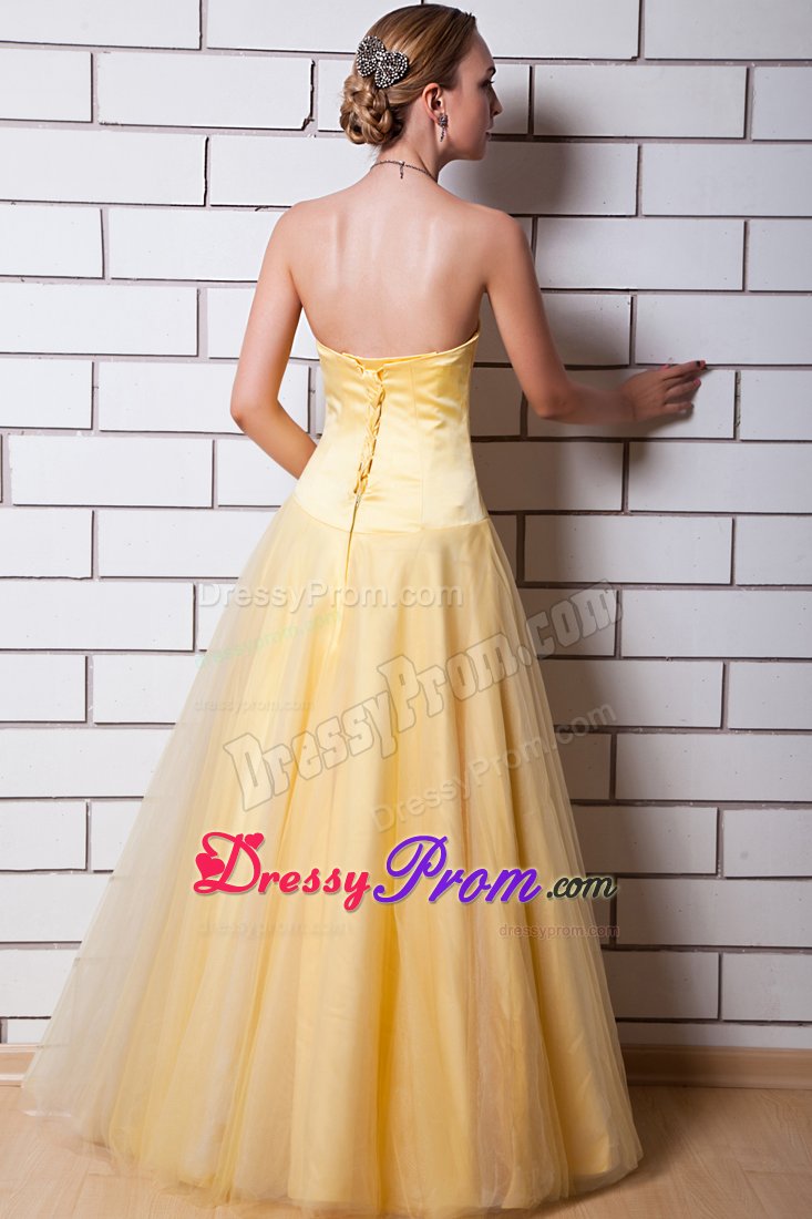Simple A-line Tulle Taffeta Light Yellow Ruched Dress for Prom