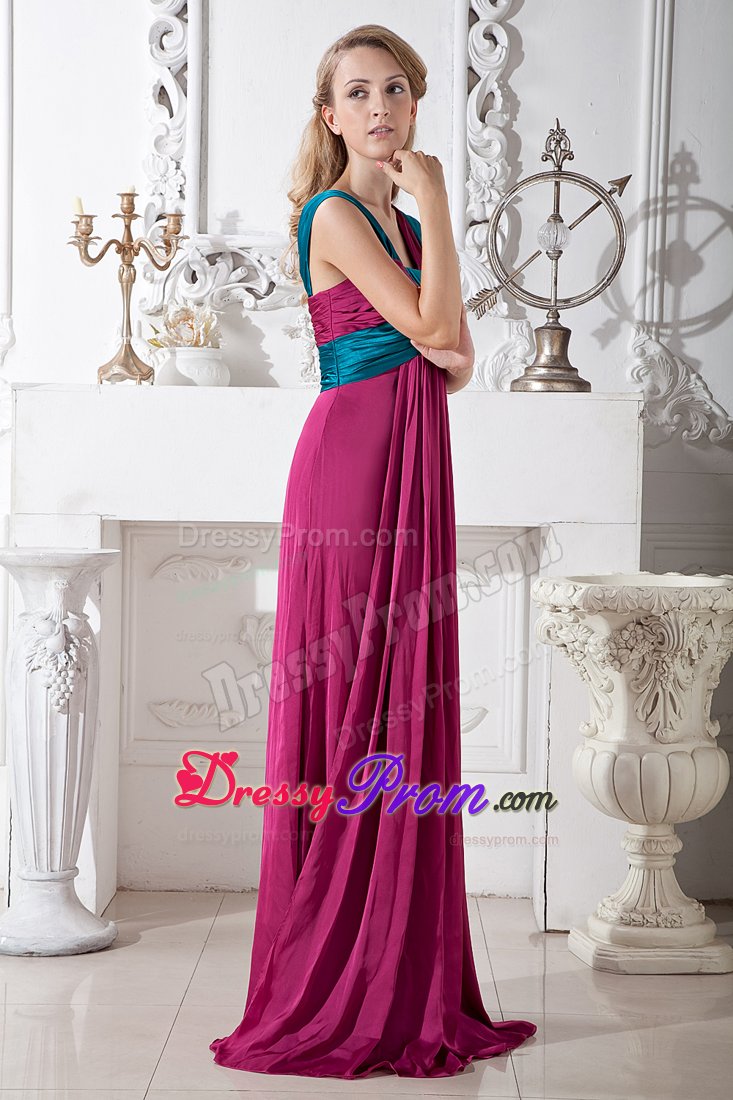 Two-toned Ruched Prom Dresses with Asymmetrical Neck