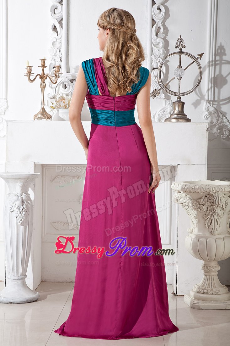 Two-toned Ruched Prom Dresses with Asymmetrical Neck