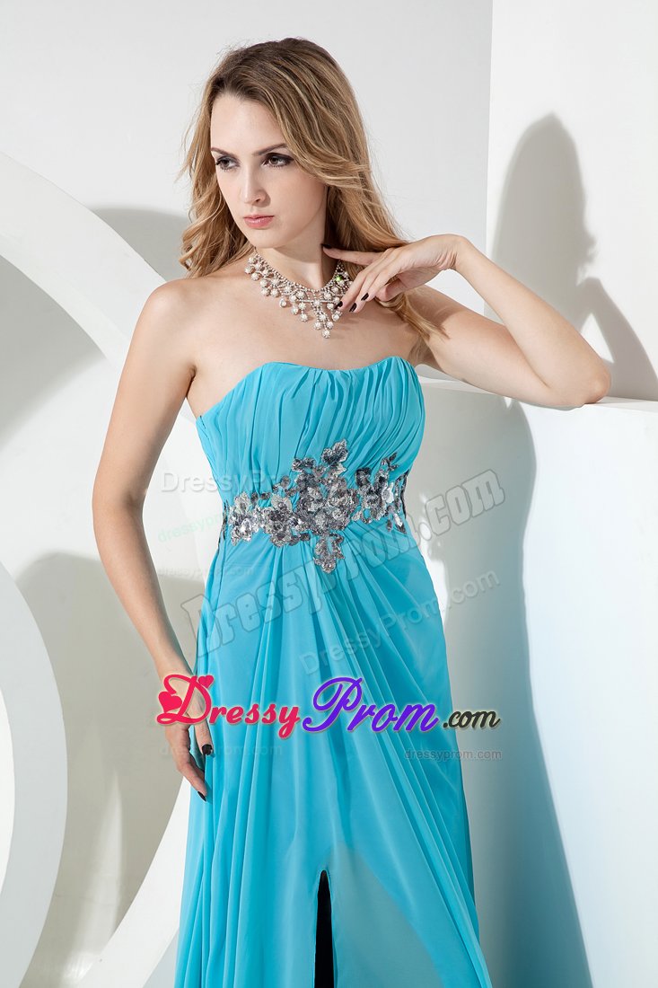 Romantic Column Paillette Slitted Aqua Blue Prom formal Dress
