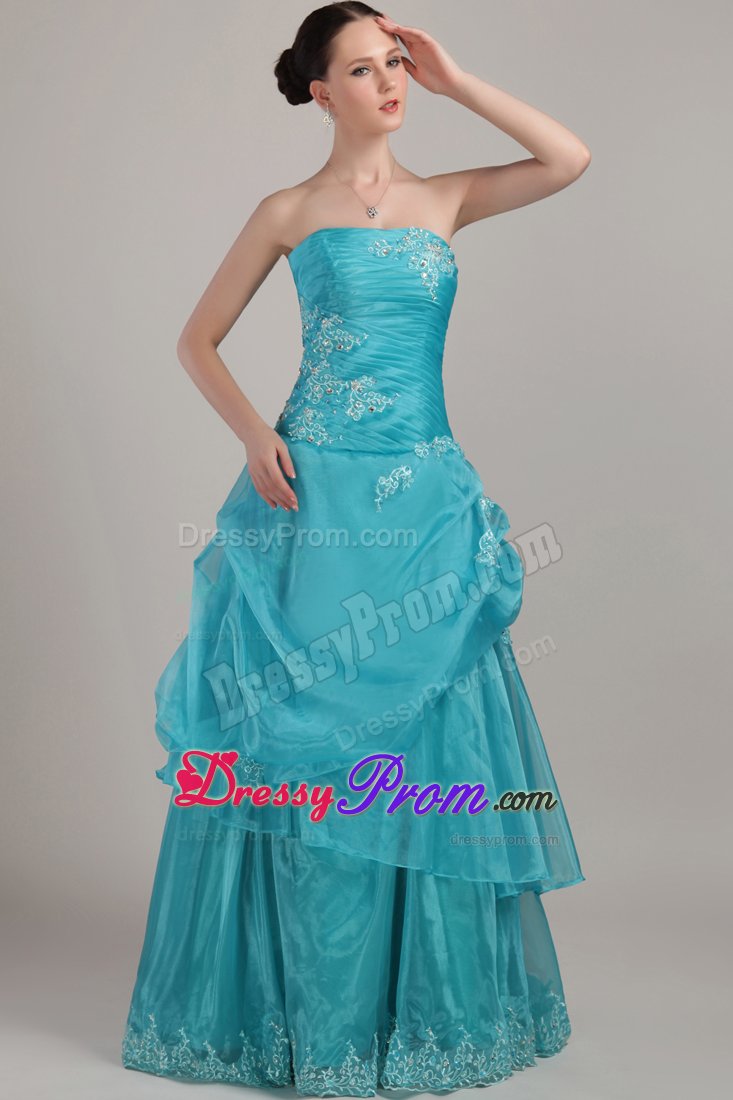 2014 Beautiful Column Strapless Blue Appliqued Prom Dresses