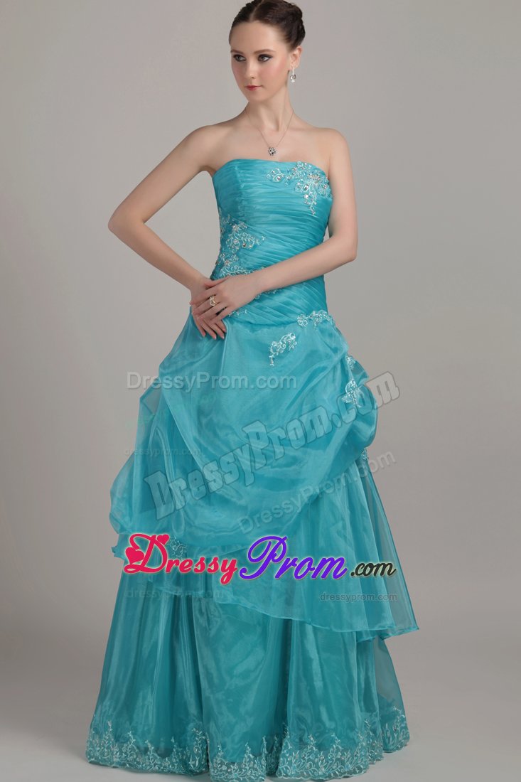 2014 Beautiful Column Strapless Blue Appliqued Prom Dresses