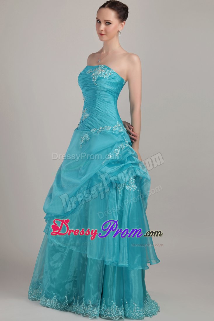2014 Beautiful Column Strapless Blue Appliqued Prom Dresses