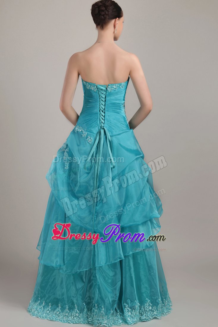 2014 Beautiful Column Strapless Blue Appliqued Prom Dresses