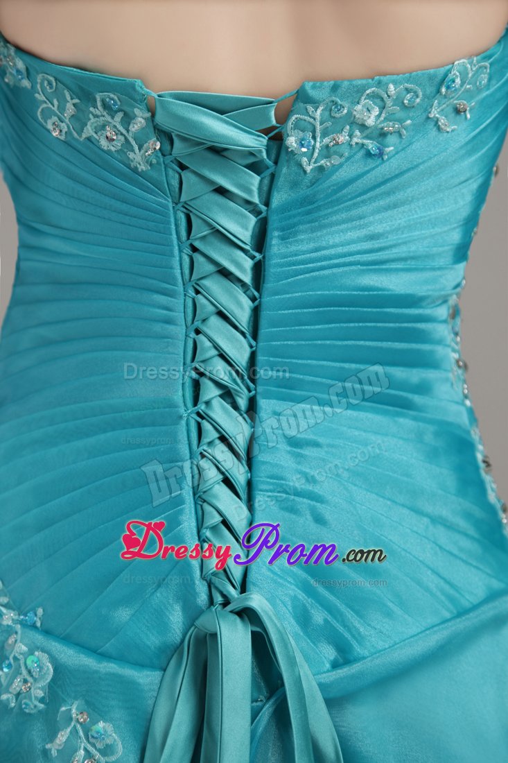 2014 Beautiful Column Strapless Blue Appliqued Prom Dresses
