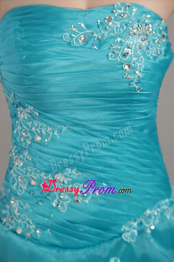 2014 Beautiful Column Strapless Blue Appliqued Prom Dresses