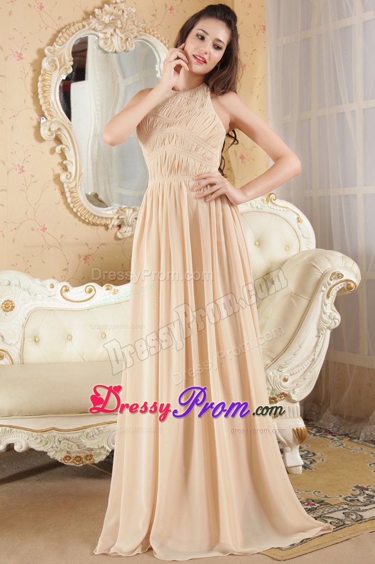 Important Champagne Chiffon Halter Ruched Long Prom Dress