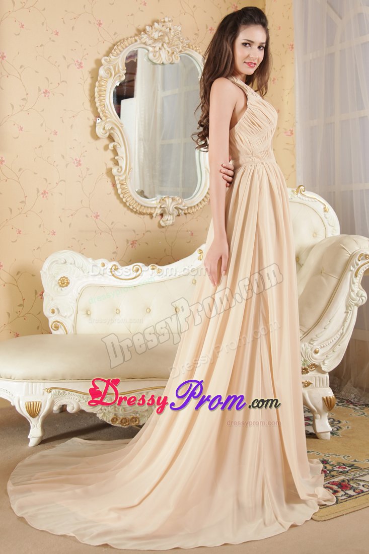 Important Champagne Chiffon Halter Ruched Long Prom Dress