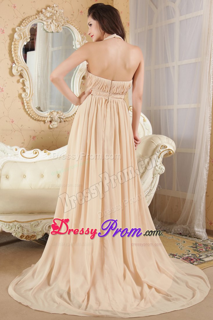Important Champagne Chiffon Halter Ruched Long Prom Dress