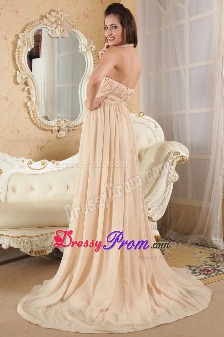 Important Champagne Chiffon Halter Ruched Long Prom Dress