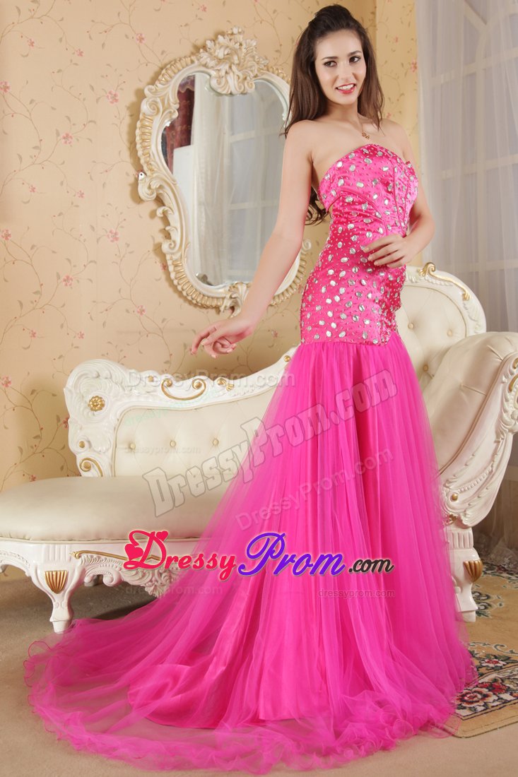 Necessary Hot Pink Prom Dress for Girls with Rhinestones